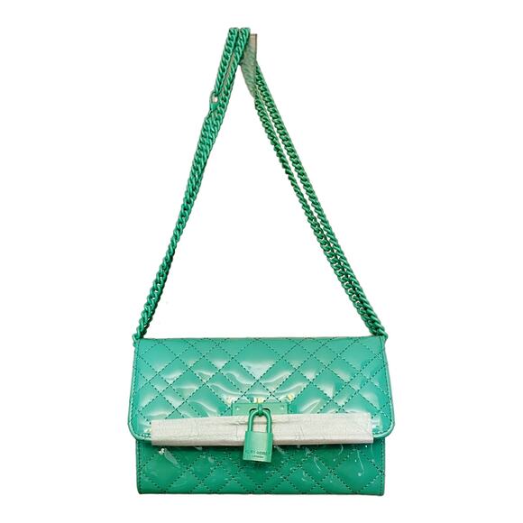 KURT GEIGER Brixton Leather Wallet Quilted Crossbody Chain Turquoise Green NWT - Picture 11 of 11